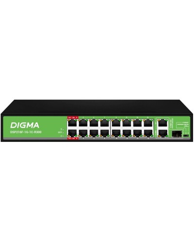 DSP216F-1G-1C-R300 (L2) 16х100Мбит/с 1х1Гбит/с 1хКомбо(1000BASE-T/SFP) 16PoE 16PoE+ 2PoE++ 300W. Коммутатор с питанием по PoE. Digma в Салавате