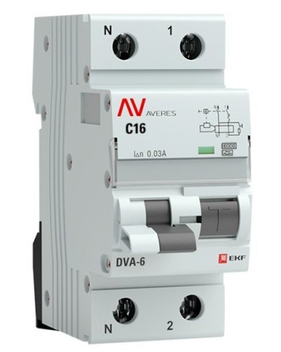 DVA-6 1P+N 16А (C) 30мА (AC) 6кА  AVERES (rcbo6-1pn-16C-30-ac-av). Автоматический выключатель дифференциального тока. EKF в Салавате